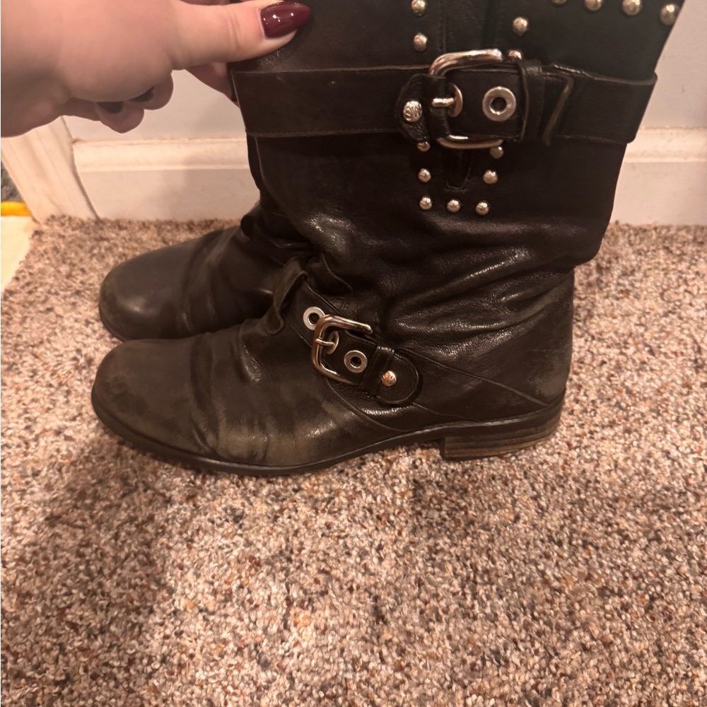 Stuart Weitzman Black Leather Studded Boots